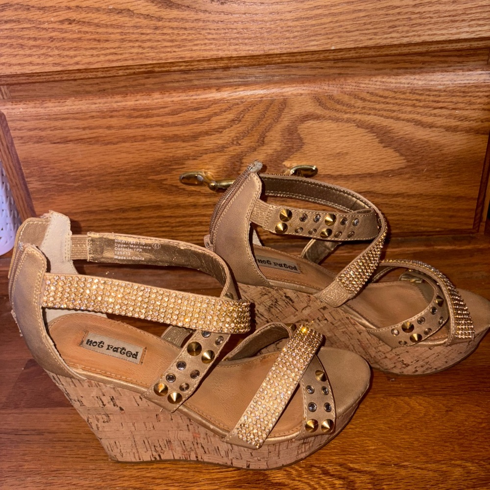 Not Rated Gold and Tan Wedge Sandals